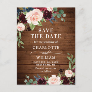 Burgundy Blue Blush Rustic Wedding  Save the Date Postcard