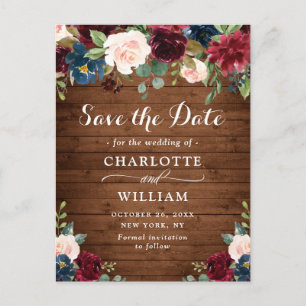 Burgundy Blue Blush Rustic Wedding Save the Date Postcard