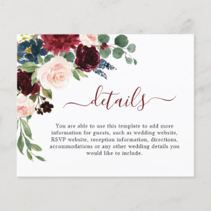 Burgundy Blue Blush Wedding Details Enclosure Card