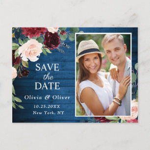 Burgundy Blue Blush Wedding Photo Save the Date Postcard