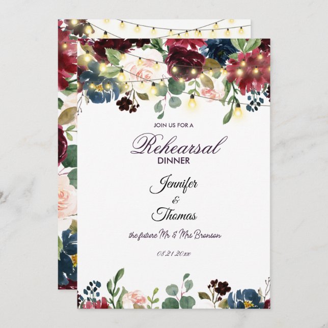Burgundy & Blue English Flowers Rehearsal Dinner Invitation (Front/Back)