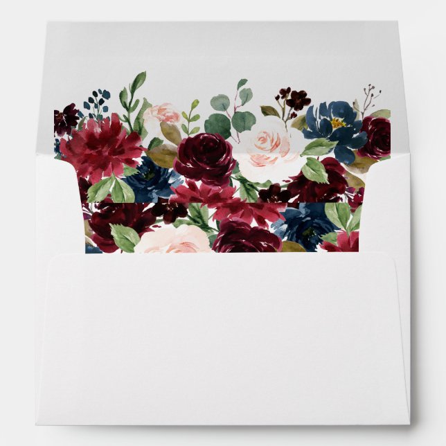 Burgundy & Blue English Flowers Wedding Envelope (Back (Bottom))