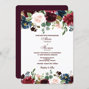 Burgundy & Blue English Flowers Wedding Invitation