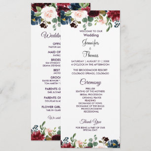 Burgundy & Blue English Flowers Wedding Programme