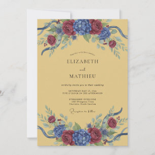 Burgundy Blue Floral Arch Wedding Invitation