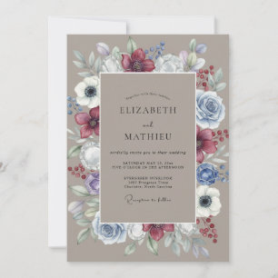 Burgundy Blue Floral Arrangement Wedding Invitation