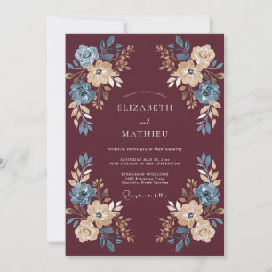Burgundy Blue Floral Autumn Wedding Invitation