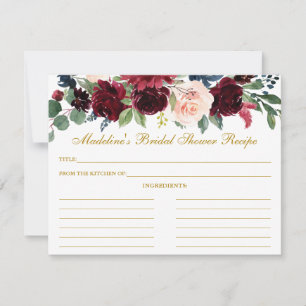 Burgundy Blue Floral Bridal Shower Gold Recipe Advice Card
