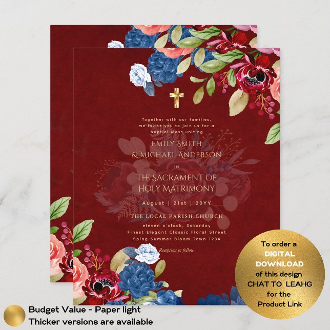Burgundy Blue Floral Catholic Nuptial Mass Wedding Flyer (Creator Uploaded)