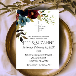 Burgundy Blue Floral Cross Two Become One Wedding Invitation