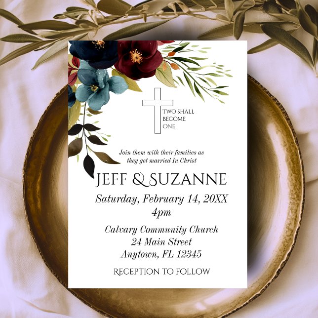 Burgundy Blue Floral Cross Two Become One Wedding Invitation (Burgundy Blue Floral Cross Two Become One Wedding Invitation)