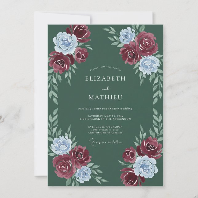 Burgundy Blue Floral Flourish Wedding Invitation (Front)