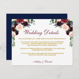 Burgundy Blue Floral Fold Wedding Details Card