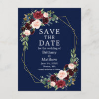 Burgundy Blue Floral Geo Frame Save the Date