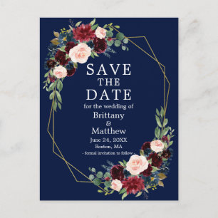 Burgundy Blue Floral Geo Frame Save the Date Postcard