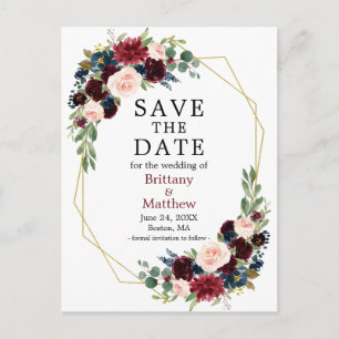 Burgundy Blue Floral Geo Frame Save the Date Postcard