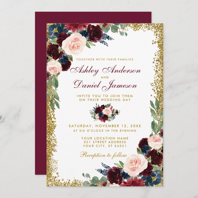 Burgundy Blue Floral Gold Glitter Wedding Invitation (Front/Back)