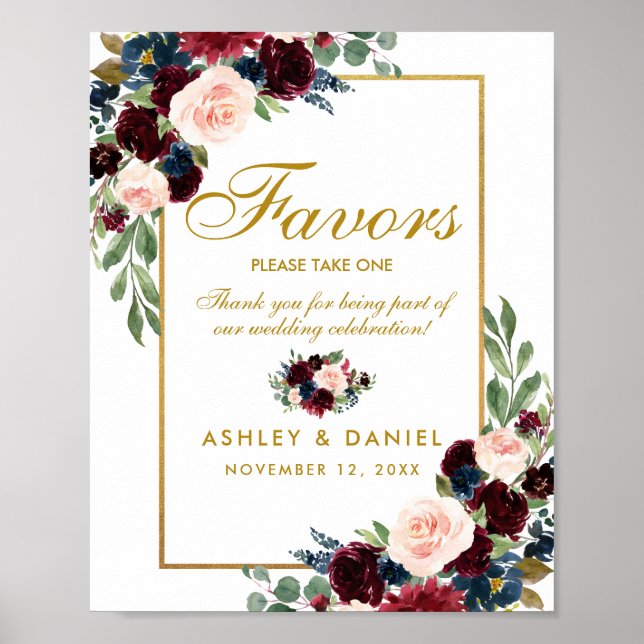 Burgundy Blue Floral Gold Wedding Favours Poster (Front)