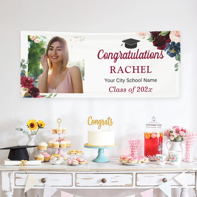 Burgundy Blue Floral Grad Photo Graduation Party Banner (Creator Uploaded)