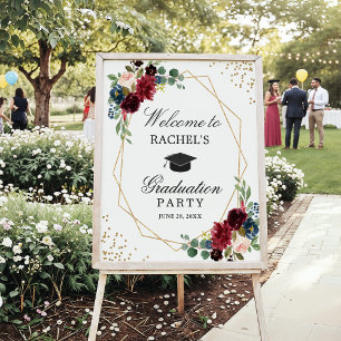 Burgundy Blue Floral Graduation Party Welcome Poster