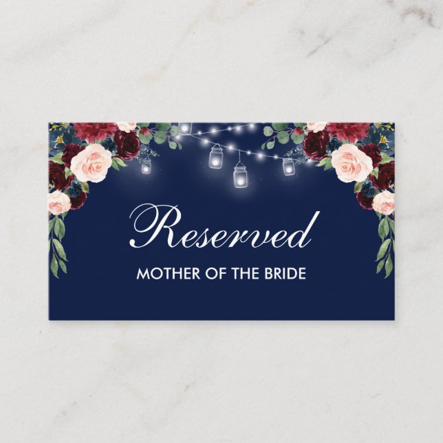 Burgundy Blue Floral Lights Wedding Reserved Name Place Card (Front)