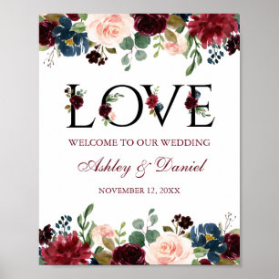 Burgundy Blue Floral Love Wedding Welcome Poster