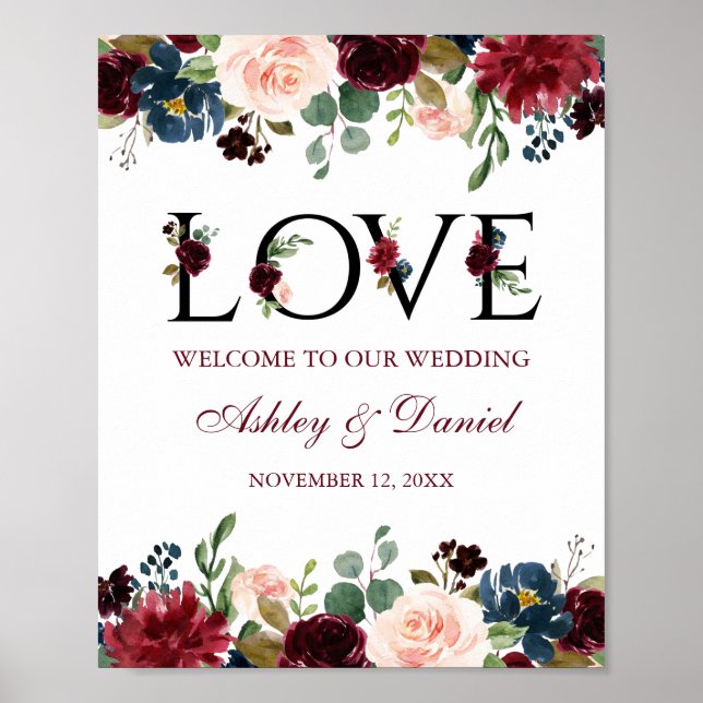 Burgundy Blue Floral Love Wedding Welcome Poster (Front)