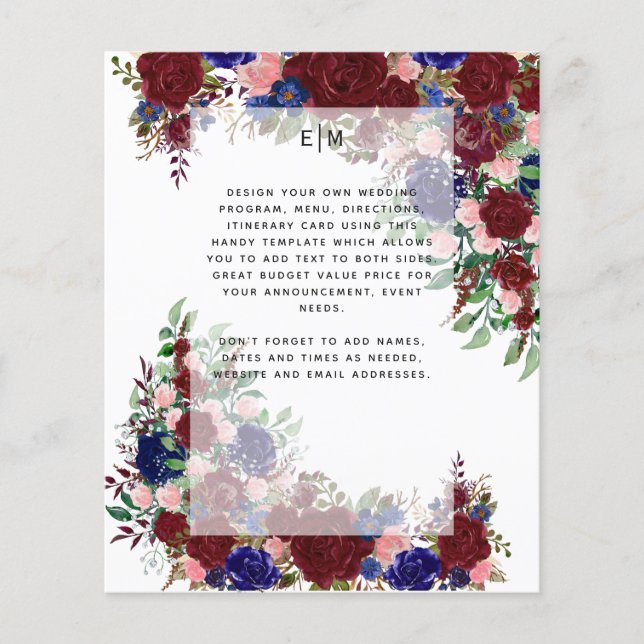 Burgundy Blue Floral Program Menu Details Insert (Front)