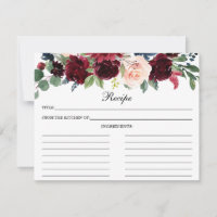 Burgundy Blue Floral Shower Recipe Card