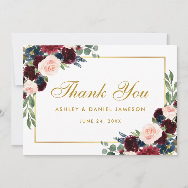 Burgundy Blue Floral Wedding Gold Thank You Card (Front)