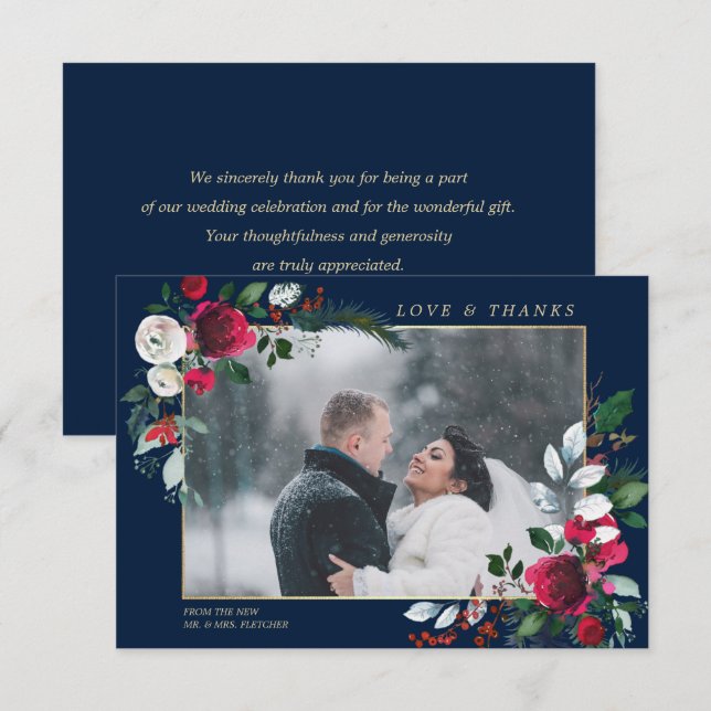 Burgundy Blue Floral Wedding Photo Thank You Card (Front/Back)