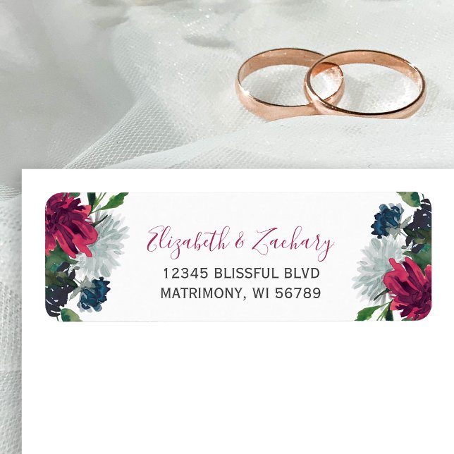 Burgundy Blue Floral Wedding Return Address (Creator Uploaded)