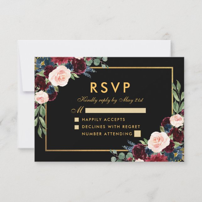 Burgundy Blue Floral Wedding RSVP Black Gold Card (Front)