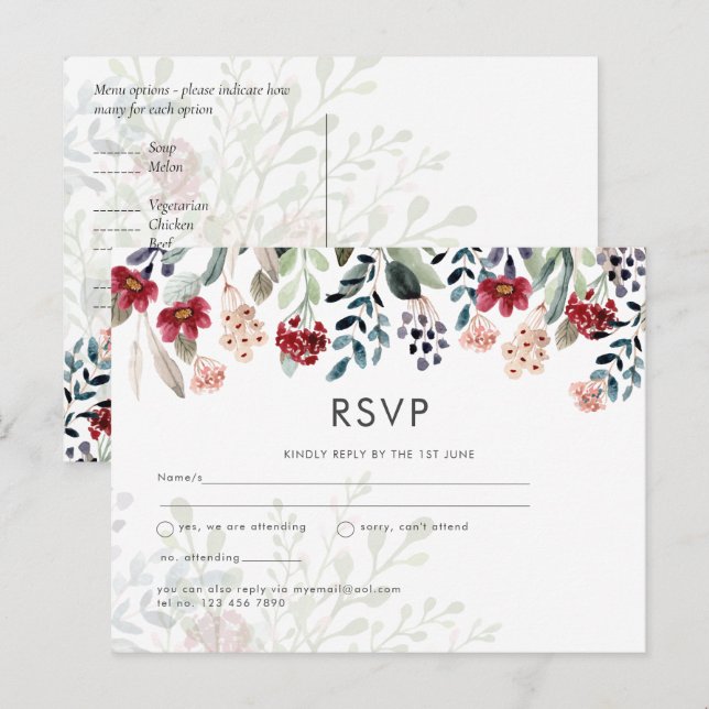 Burgundy Blue Floral Wedding RSVP Postcard (Front/Back)