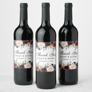 Burgundy Blue Floral Wedding Thank You Wine Label