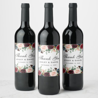 Burgundy Blue Floral Wedding Thank You Wine Label