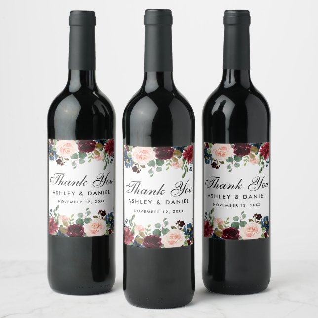 Burgundy Blue Floral Wedding Thank You Wine Label (Bottles)