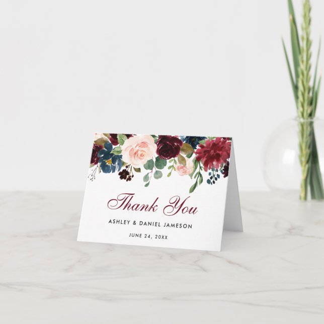 Burgundy Blue Floral Wedding Thanks Note Card (Front)