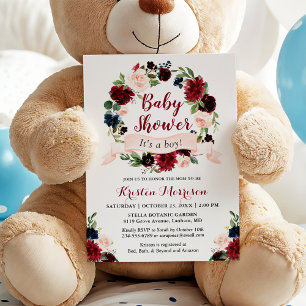 Burgundy Blue Floral Wreath Ribbon Baby Shower Invitation
