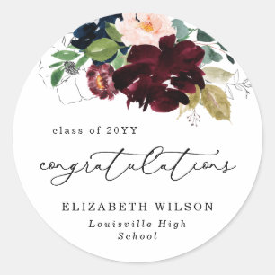 Burgundy Blue Florals Congratulations Graduation Classic Round Sticker
