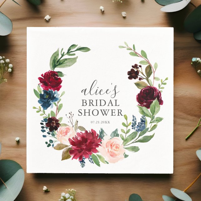 Burgundy Blue Garden Bridal Shower Napkin (Creator Uploaded)