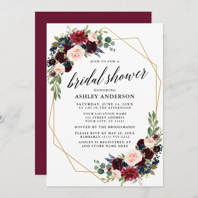 Burgundy Blue Geometric Gold Bridal Shower Invitation (Front/Back)