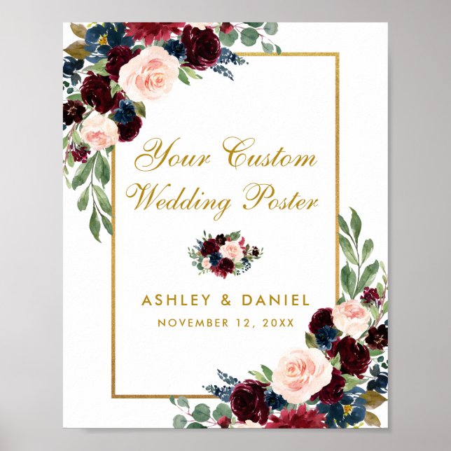 Burgundy Blue Gold Floral Wedding Custom Poster (Front)