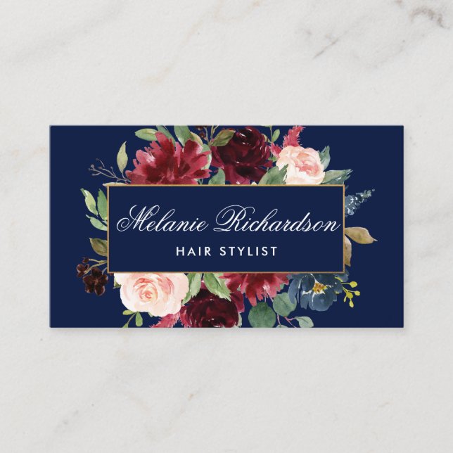 Burgundy Blue Gold Hair Stylist Appointment Card (Front)