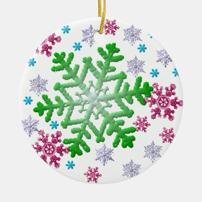 Burgundy Blue Green & Silver Snowflakes Ceramic Tree Decoration (Front)