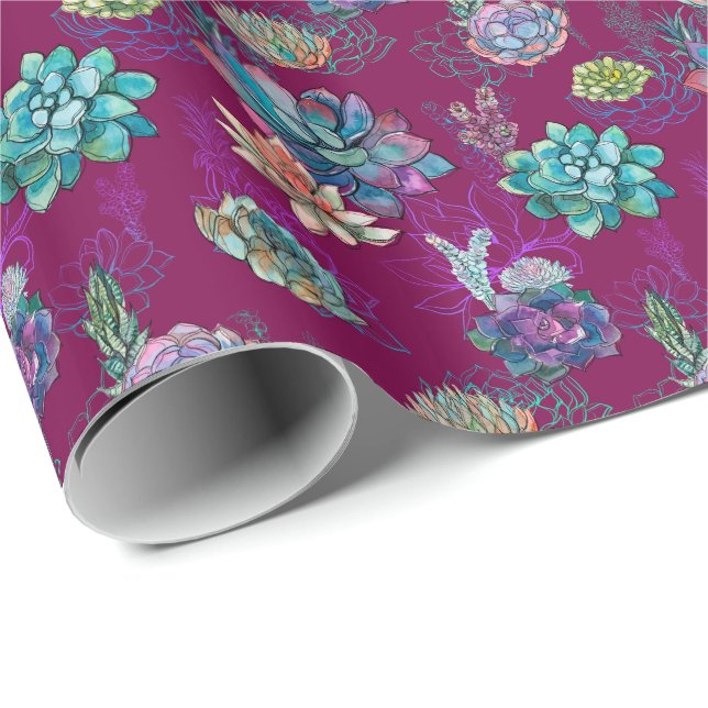 *~* Burgundy Blue Green Succulent Pattern Wrapping Paper (Roll Corner)