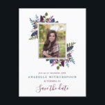 Burgundy Blue Leaves Sweet 16 Photo Save the Date Announcement Postcard<br><div class="desc">Sweet 16 save the date postcard with a photo inside a frame of white and burgundy atop greenery and berries in blue, olive green, and burgundy for a lovely autumn palette. Add the birthday girl's name in blue and the details of the sweet sixteen celebrations in burgundy. Perfect for autumn...</div>