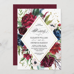 Burgundy   Blue  Marsala Floral Watercolor Wedding Invitation