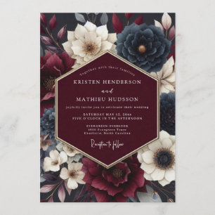 Burgundy & Blue Moody Floral Wedding Invitation