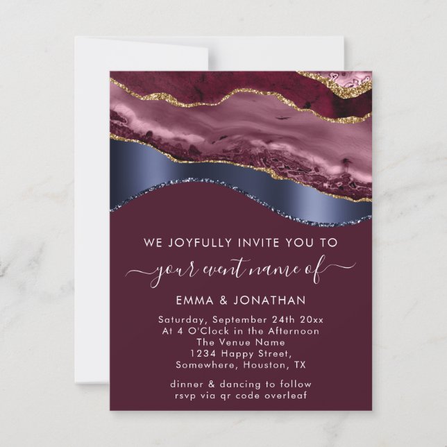 Burgundy Blue Navy Gold Border Wave QR Code  (Front)